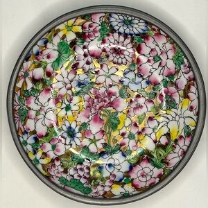 Vtg ACF Japanese Porcelain Ware Pewter Encased Floral Botanical Bowl Dish